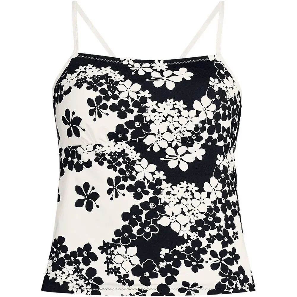 Land's End Reversible Scoop Neck Tie Back Tankini Top black egret floral Var